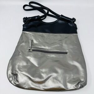 Kenra Shoulder Bag, Silver And Black, Lined Double Handles Outside Zipper Pocket